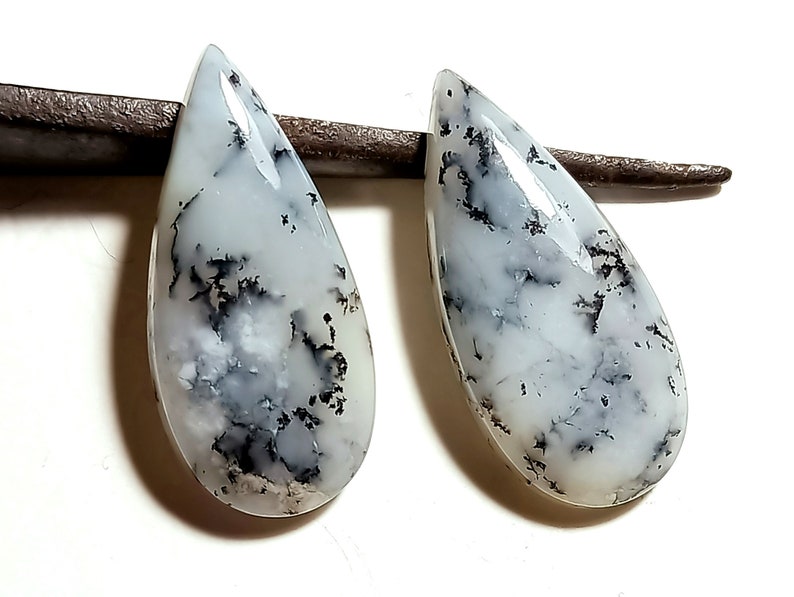 19 Ct Dendrite Opal Cabochon Pear Shape Loose Gemstone 2 Pieces Pair Earrings Set Dendrite Gemstone 27x12x4 mm