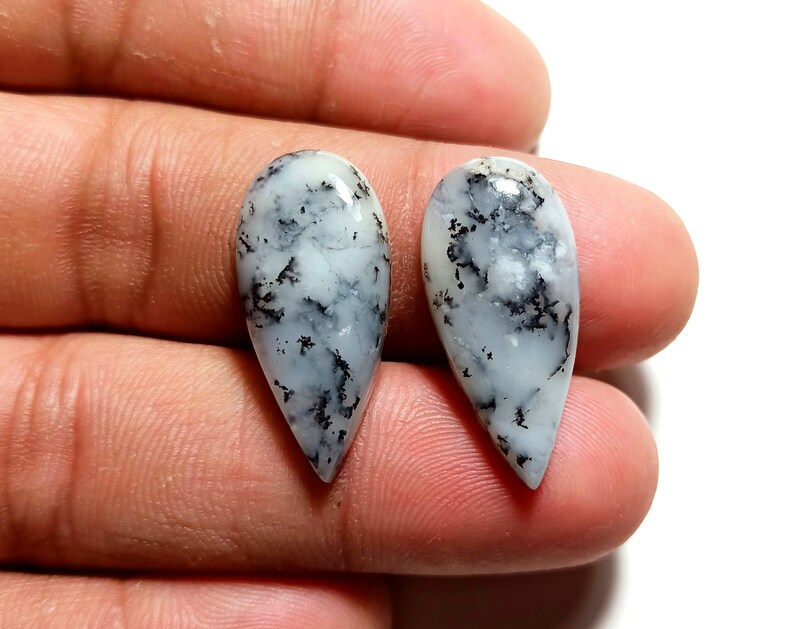 19 Ct Dendrite Opal Cabochon Pear Shape Loose Gemstone 2 Pieces Pair Earrings Set Dendrite Gemstone 27x12x4 mm