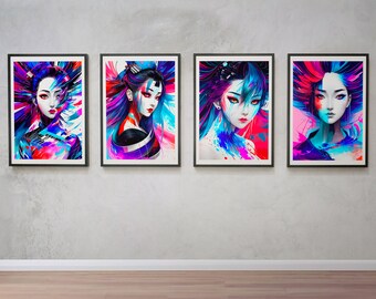 Lot de 4 portraits colorés | Oeuvres d'art numériques | Décoration d'intérieur imprimable | Art mural | S4-01