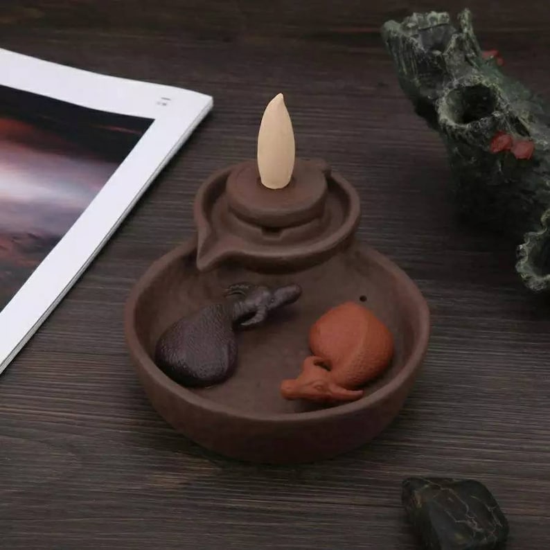 2-Buffalo Chinese Style Ceramic Censer Smoke Backflow Incense Cone Holder Sticks Buddhist Home Decoration