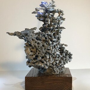 May include: A silver aluminum sculpture with a unique, organic, and intricate design. The sculpture is displayed on a dark brown wooden base.