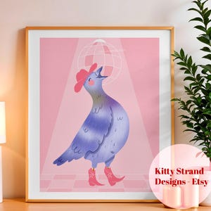 Impresión artística de paloma vaquera / Arte de pájaro danzante / Impresión artística de vaquera / Arte de pared rosa para dormitorio / Impresión artística de pared de galería del oeste / Regalo de bola de discoteca