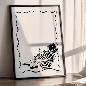 Stampa artistica di libri - Stampa artistica minimalista - Stampa artistica sopra il letto - Stampa artistica con linee in bianco e nero - Stampa artistica con linee femminili continue - Arte accogliente