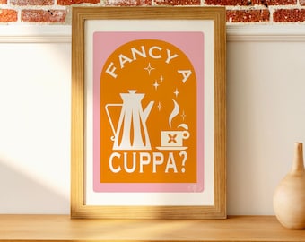 Pink & Orange Kitchen Wall Art - Retro Coffee Print - Tea Poster - Coffee Station Art - Mid-Century Modern coffee art - Tea Poster Pink