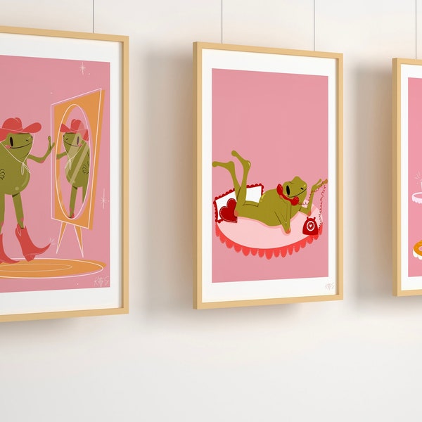 Set of 3 Howdy Partner Frog Art Prints | Pack of 3 Frog Aesthetic Art Prints | Western Illustration art print  | Cow Girl decor | Frog Decor