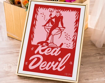Red Devil Cocktail Art Print | Retro Art Print | Vintage Gallery Wall Art | Mid Century Modern Print | Kitsch Wall Decor | Bar Cart Art
