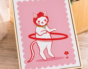 Strawberry Cat Art Print |Cat Art | Strawberry Aesthetic Art Print | Pink Wall Art | Cat Illustration art print | Strawberry decor