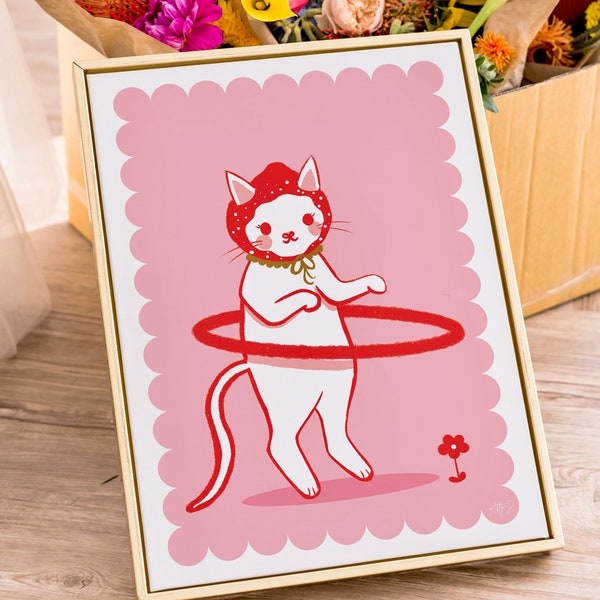 Strawberry Cat Art Print |Cat Art | Strawberry Aesthetic Art Print | Pink Wall Art | Cat Illustration art print | Strawberry decor
