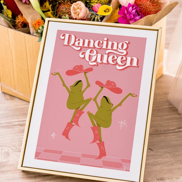 Dancing Cowboy Frog Art Print |Dancing Frog Art | Frog Aesthetic Print | Pink Dance Floor Wall Art | Western |Cowgirl decor | Cowboy Frog