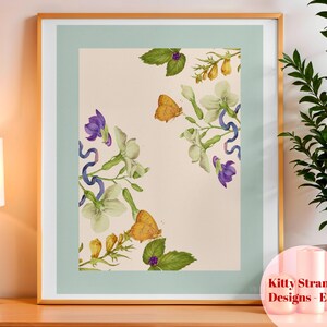 Stampa artistica con farfalla blu - Arte floreale da parete - Decorazione botanica vintage da parete - Arte blu per soggiorno - Arte naturalistica - Stampa floreale per camera da letto
