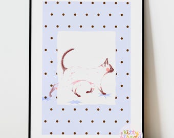Simease Cat Wall Art: Whimsical hand-drawn cat print with blue and brown polka dots