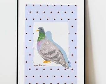 Quadro da parete con piccione blu: stampa fantasiosa disegnata a mano, a pois blu e marroni.