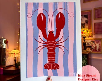 Striped Lobster Art Print: Retro, Whimsical Kitchen & Dining Room Decor