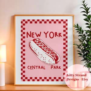Hot Dog Art Print - New York Art - Maximal Art Print - Galeria sztuki ściennej - Różowo-czerwona dekoracja ścienna - Retro Kitchen Wall Art - Plakat z jedzeniem