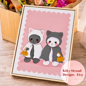 Halloween Cat Art Print | Trinket Cat Art | Autumn Aesthetic Print | Pink Girls Room Art | Kawaii Gallery Wall Art | Cute Halloween Decor