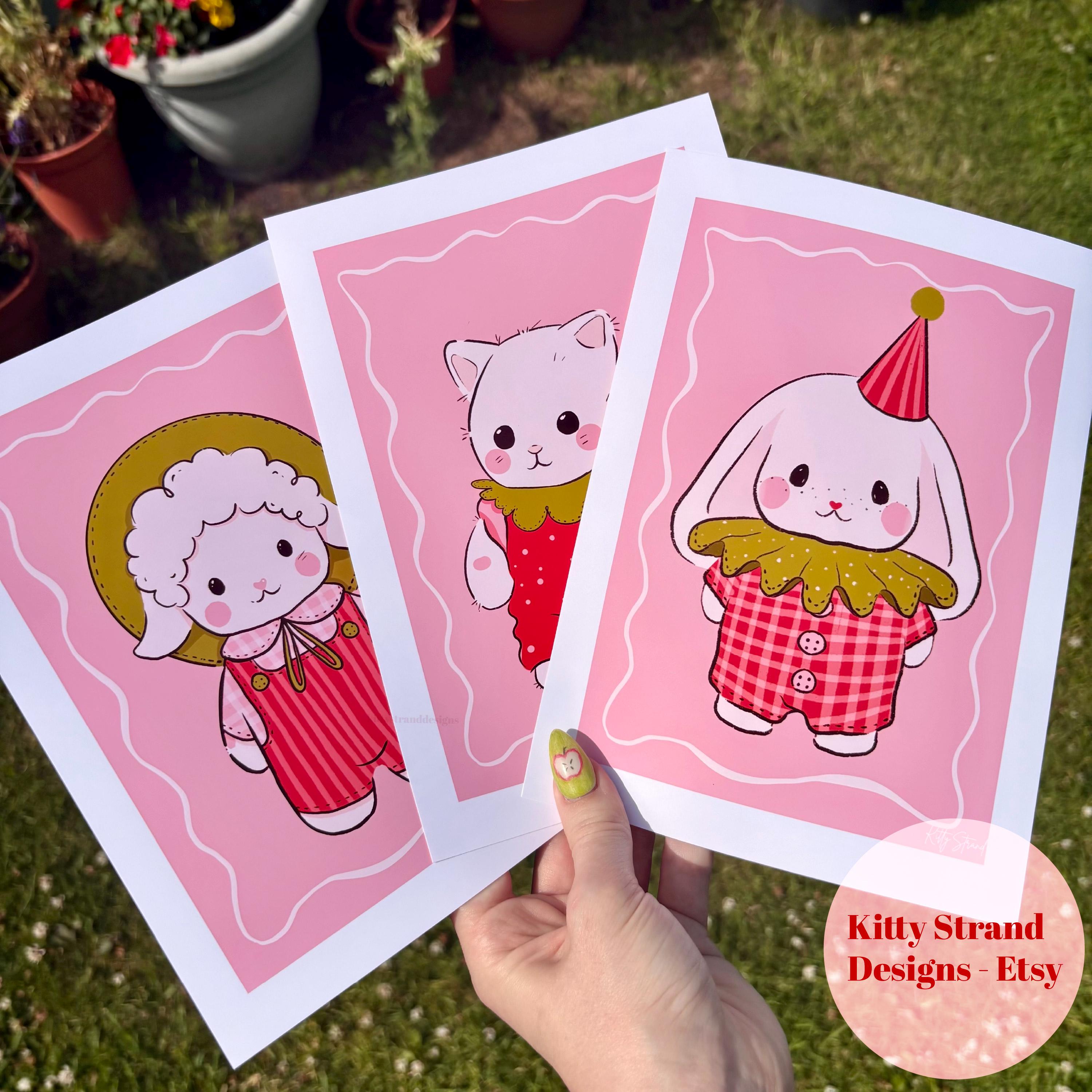 イチゴの動物アートプリント - かわいい子供部屋用壁飾り3枚セット