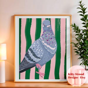 Stampa artistica di piccione - Stampa artistica massimalista a strisce - Stampa artistica da parete a tema naturalistico - Poster di uccelli - Arte per il soggiorno - Stampa rosa e verde