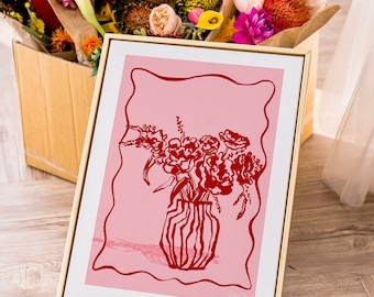 Modern Vase Art Print | Minimal Above Bed Pink Art |  Red & Pink Line Art | Striped Vase Art | Flower Bouquet Wall Decor | Gallery Wall Art