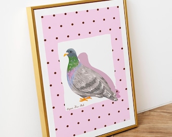 Decorazione murale con piccioni: stampa fantasiosa disegnata a mano, a pois rosa e marroni.