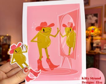 Cowgirl Frog Sticker & Art Print Gift Set: Pink Western Decor