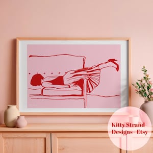Lámina imprimible de descanso en el dormitorio - Lámina horizontal - Lámina sobre la cama - Arte lineal rojo y rosa - Impresión de arte lineal femenino continuo JPG