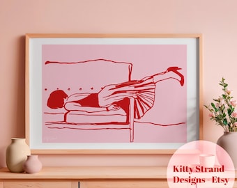 Red & Pink Line Art Print: Woman Resting Illustration (Digital Download)