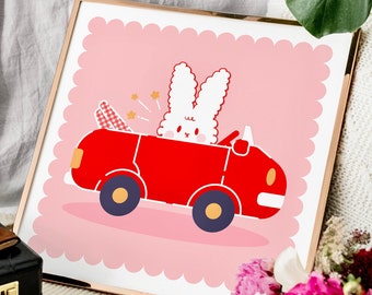 Strawberry Bunny Art Print | Bunny Aesthetic Art | Strawberry Aesthetic Print | Cute Art Print | Whimsical wall art | Pink Nursery Wall Art