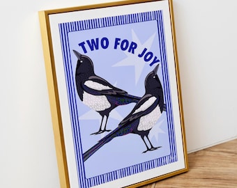 Magpie Art Print: Two for Joy, Blue Bird Poster