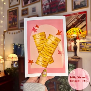 Stampa artistica di salsiccia arrotolata - Decorazione da parete rosa per cucina - Galleria d'arte murale - Regalo per buongustai - Arte culinaria britannica - Stampa di pasticceria - Arte per sala da pranzo