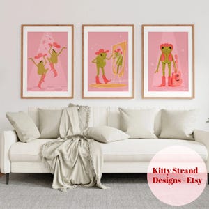 Set of 3 Cowboy Frog Art Prints: Pink Western Wall Art