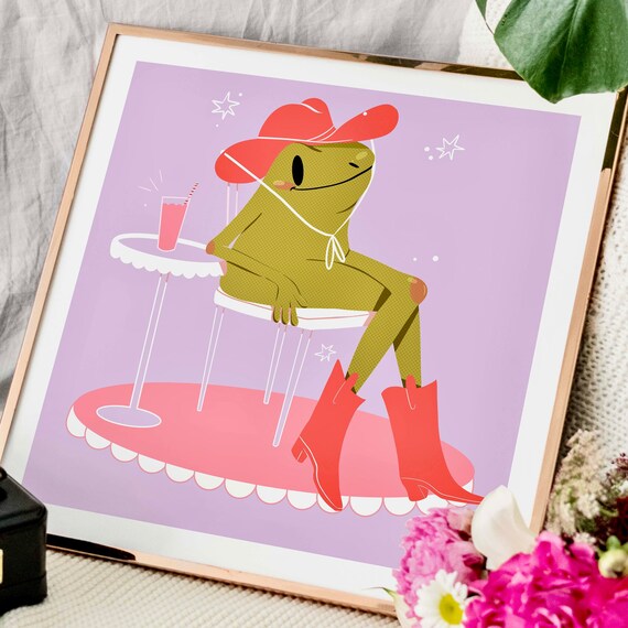 Howdy Partner Frog Art Print Frog Aesthetic Art Print Lilac Green Wall Art  Western Illustration Print Cowgirl Decor Frog Decor 