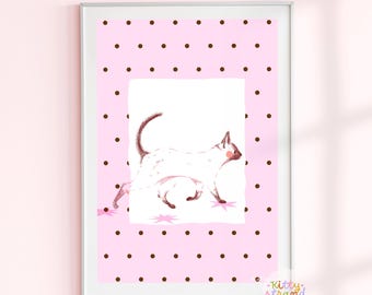 Whimsical Cat Wall Art: original hand-drawn cat print with pink and brown polka dots