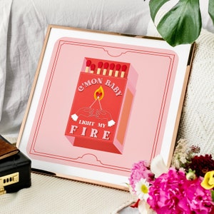 Printable Matchbox Art Print -  Digital Pink Art - Come on Baby Light My Fire Poster - Retro Matchbox Art Print - Gallery Wall - Vintage JPG