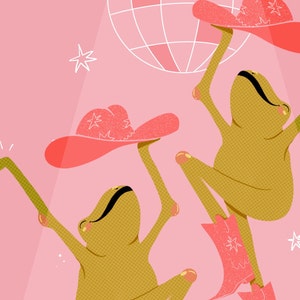 Close up of cowgirl frog art print of two frogs dancing in front of a disco ball