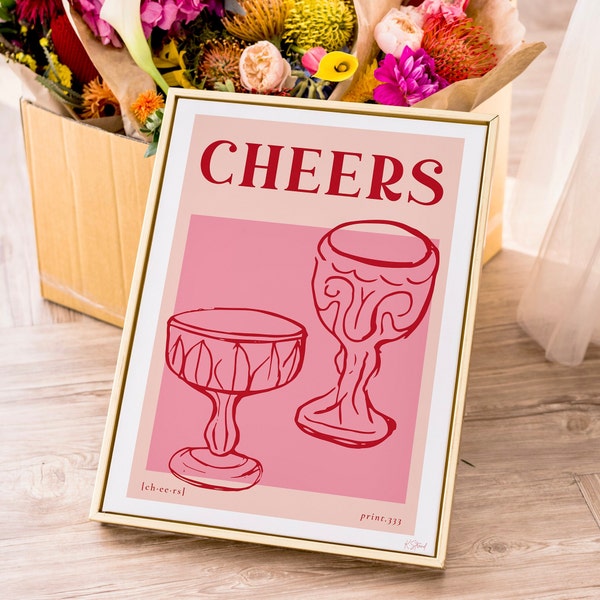 Pink & Red Cocktail Art Print | Cheers Poster| Bar Cart Art | Retro Wall Decor | Pink Aesthetic Art Print | Bar Cart Print |Vintage Cocktail
