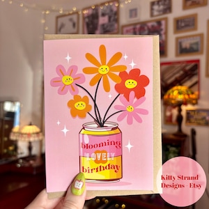 Floral Birthday Card | Pink Flower Birthday Card for Her | Blooming Lovely Birthday Card | Retro colourful Birthday Card | Smiling Flowers