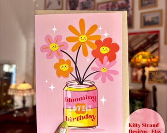 Floral Birthday Card: Retro Smiling Flowers Pop Art