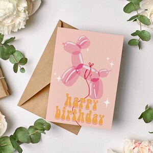 Ballon Tier Geburtstagskarte | A6 Retro Geburtstagskarte | Rosa Geburtstagskarte für Sie | Ballon Hund Geburtstagskarte | Einzigartige Geburtstagskarte