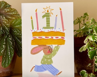 Biglietto per il primo compleanno: formato A6, fatto a mano, un ricordo fantasioso per il primo compleanno.