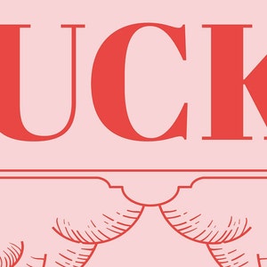 Close up of Lucky art is pink and red and inspired by retro tarot art. At the bottom of the art, retro red typography reads LUCKY YOU