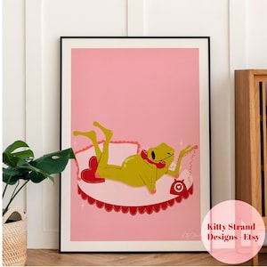 Pink Frog Art Print: Whimsical Bedroom Wall Decor