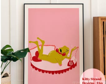 Pink Frog Art Print: Whimsical Bedroom Wall Decor