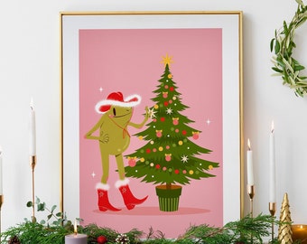 Christmas Howdy Partner Frog Art Print | Frog Aesthetic Art Print | Western Wall Art | Western Illustration art print  | Christmas Cow Girl