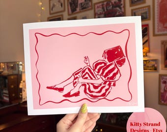 Red & Pink Book Art Print: Fashionable Woman Reading