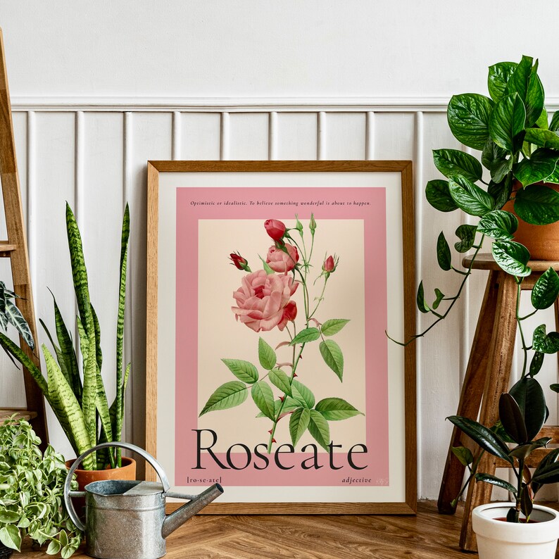 house plants surround a large vintage botanical poster in pink and cream. Poster features a large watercolour rose and vintage lettering reads Roseate at the bottom of the print