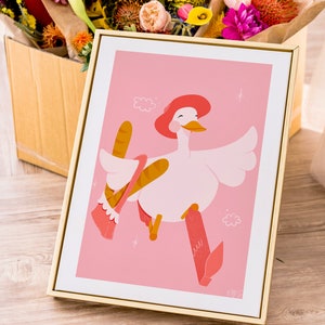 Impresión artística de pato vaquero / Impresión artística estética de ganso / Arte de pared rosa / Impresión artística de ilustración occidental / Decoración de vaquera / Póster de ganso tonto