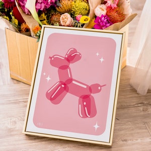Lámina artística de animales con globos rosas - Arte estético rosa - Lámina artística de perros con globos - Arte mural retro - Arte mural de galería rosa - Póster nostálgico rosa