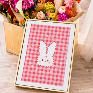 Cute Strawberry Bunny Art Print | Gingham Art Print | Rabbit Art Print | Kawaii Bunny Art | Bunny Gift | Cute Aesthetic Art | Cottagecore