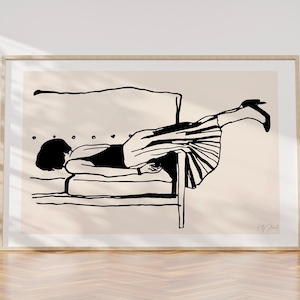 Impresión artística de una mujer durmiendo: crema y negro (descarga digital)