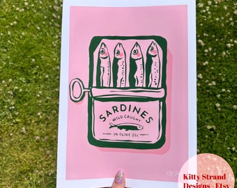 Sardine Tin Art Print: Pink and Green Kitchen Wall Decor